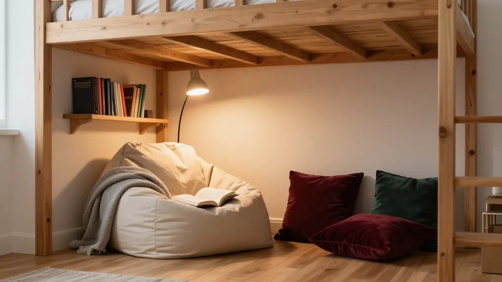 A cozy reading nook nestled underneath a wooden loft bed, featuring a plush cream-colored bean bag chair with a open book resting on it, warm amber glow from a modern arc floor lamp illuminating the space, small floating wooden shelves mounted on the wall displaying colorful book spines, soft grey throw blanket draped over the bean bag, scattered velvet cushions in deep burgundy and forest green tones, light oak hardwood flooring, white walls creating an intimate enclosed feeling, shot from a low angle perspective showing both the loft bed frame above and the inviting reading corner below, natural afternoon light filtering in from the side, realistic interior photography style with shallow depth of field