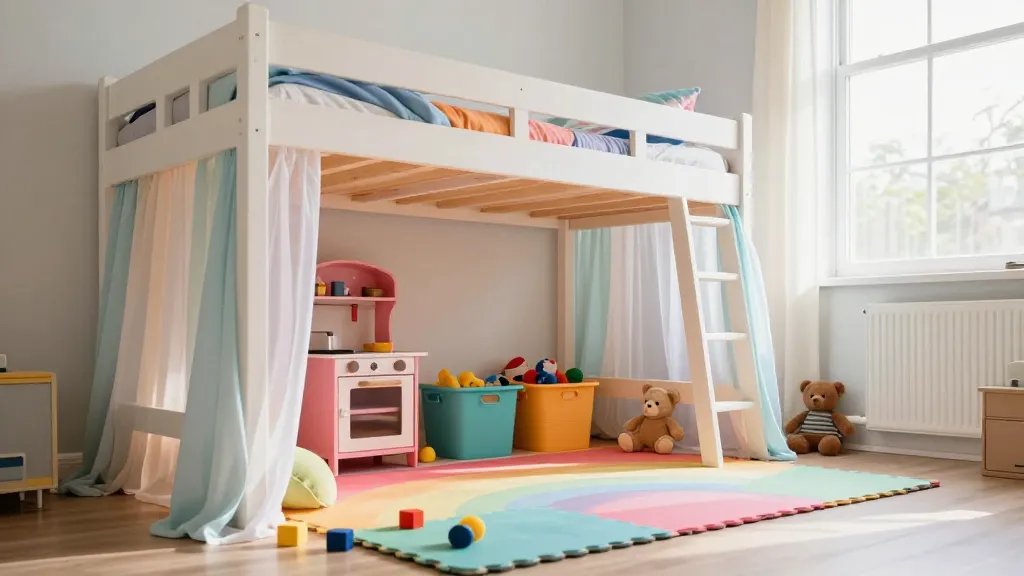 A bright, inviting children's bedroom photographed from a low angle showing a white wooden loft bed with a vibrant play zone underneath, featuring colorful storage bins filled with toys, a mini pink play kitchen set, and soft rainbow foam floor mats, with sheer curtains in pastel colors partially drawn around the play area creating a cozy fort-like atmosphere, natural daylight streaming through a nearby window illuminating scattered stuffed animals and building blocks, shot in a warm, family-friendly interior photography style