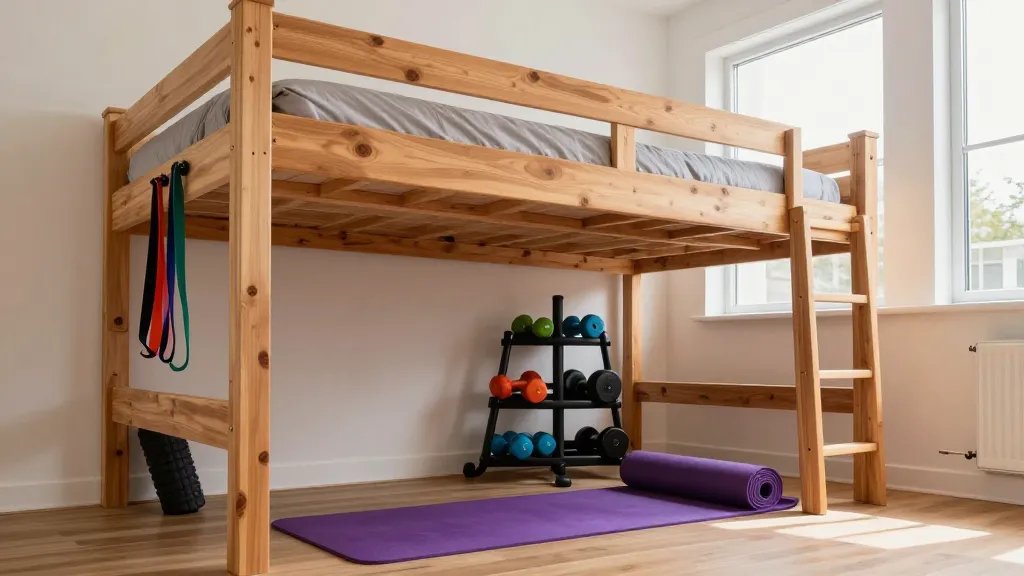A modern bedroom interior photographed from a low angle showing a sturdy wooden loft bed with a double mattress on top, and underneath the elevated bed platform is a compact home gym setup featuring a purple yoga mat rolled out on the floor, a corner weight rack with colorful dumbbells in various sizes, resistance bands hanging on the loft bed post, and a foam roller leaning against the side, all bathed in natural daylight from a nearby window, shot with a wide-angle lens to capture the space-saving vertical design and fitness area integration, realistic photography style with warm wood tones and bright, inviting atmosphere