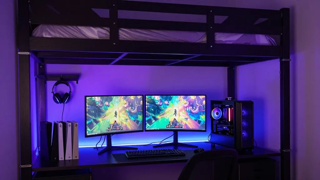 A modern gaming setup beneath a raised loft bed in a bedroom, featuring a sleek black gaming desk with dual curved monitors displaying colorful game graphics, a high-end gaming PC with visible RGB components, wireless gaming headset hanging on a wall hook, organized game console shelf with PlayStation and Xbox, and vibrant purple and blue LED strip lighting illuminating the perimeter of the loft bed frame above, creating a cozy enclosed gaming cave atmosphere, shot from a three-quarter angle showing both the gaming station and the loft bed structure overhead with visible cable management clips along the bed posts, realistic photography with dramatic mood lighting