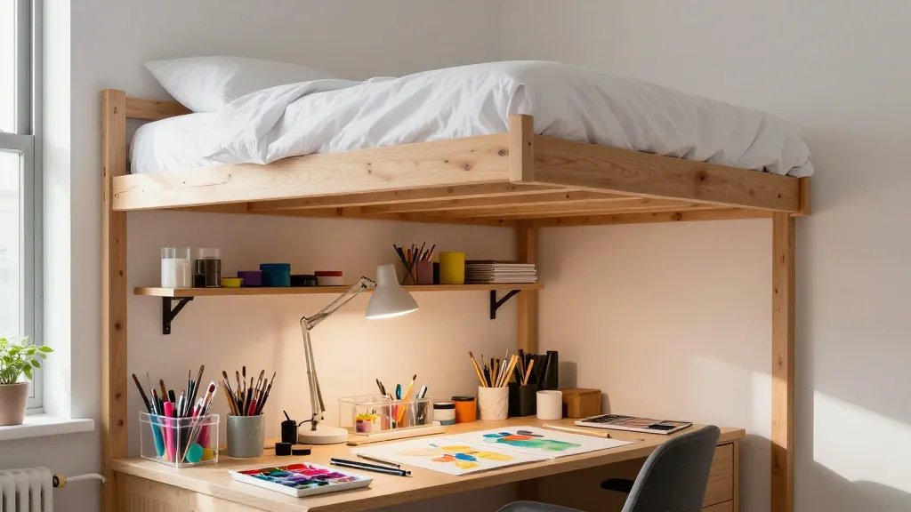 A bright modern loft bed setup photographed from a three-quarter angle showing the elevated sleeping area above with white linens and natural wood frame, while underneath features a vibrant creative studio workspace with a sturdy craft table covered in watercolor paintings in progress, organized clear acrylic containers filled with colorful art supplies, paint brushes in ceramic holders, a adjustable task lamp illuminating the work surface, floating shelves mounted on the wall holding neatly arranged crafting materials, a comfortable ergonomic chair tucked under the desk, and natural afternoon light streaming through a nearby window creating an inspiring and functional artistic haven in a compact apartment setting