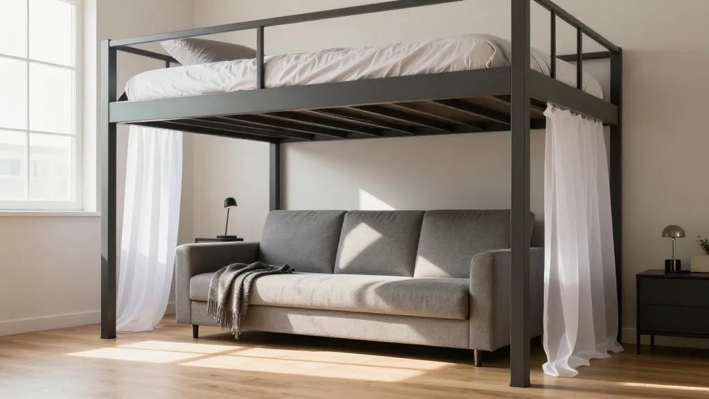 A modern loft bed elevated on sturdy posts with a stylish gray convertible futon sofa positioned underneath, photographed from a low three-quarter angle showing both levels, warm afternoon sunlight streaming through nearby windows creating soft shadows, a storage ottoman with throw blankets visible beside the futon, sheer white privacy curtains partially drawn on one side of the loft bed frame, minimalist bedroom decor with pale wood flooring, a small side table with a reading lamp next to the sofa, contemporary guest suite setup showcasing the dual-purpose living and sleeping arrangement, professional interior photography with depth of field, natural color palette of whites, grays and warm wood tones