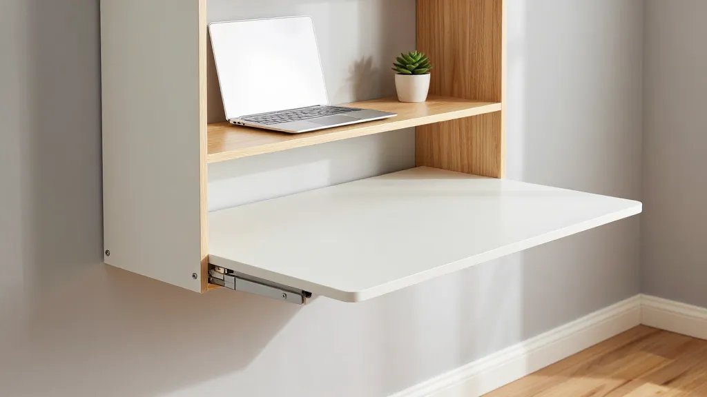 A high-quality photograph of a modern Murphy desk mounted on a light gray wall, shown in its open position at a 45-degree angle view, featuring a clean white desktop surface folded down with sleek metal hinges visible, built-in wooden shelving compartments above holding a laptop and small potted succulent, warm natural lighting from the side creating soft shadows, minimalist Scandinavian-style room setting with hardwood floors, shallow depth of field focusing on the desk mechanism and hardware details