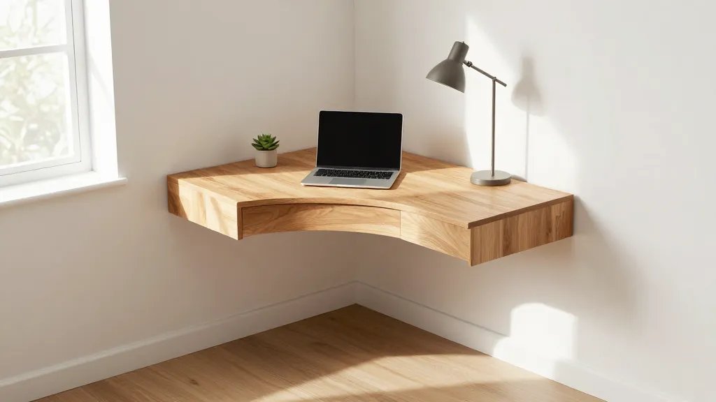 A modern triangular corner desk tucked into a bedroom corner with a sleek floating design, warm natural wood finish, topped with a minimalist laptop, small potted succulent, and desk lamp, photographed from an elevated three-quarter angle showing how it maximizes the previously unused corner space, soft afternoon sunlight streaming through a nearby window, white walls, light hardwood flooring visible, demonstrating efficient space utilization in a compact living area