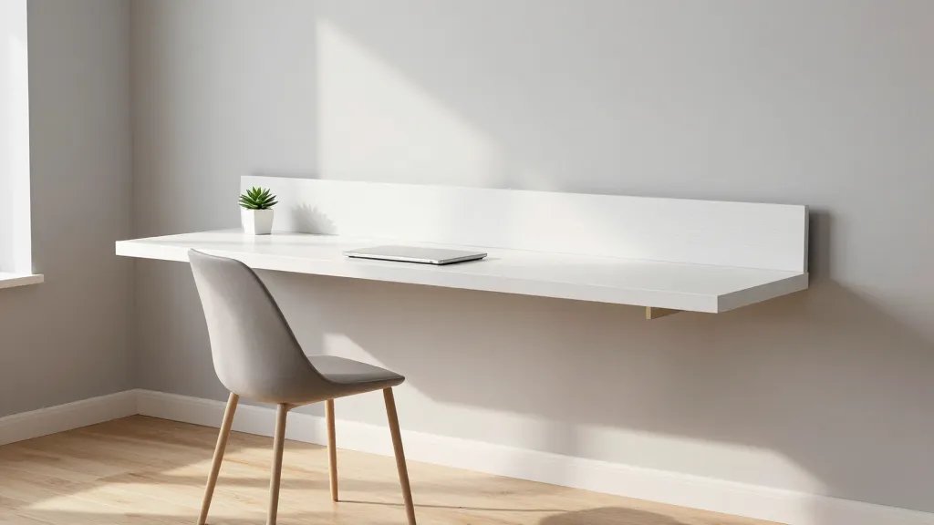 A modern minimalist floating shelf desk mounted on a light grey wall at standard desk height with no legs, featuring a smooth white wooden board approximately 48 inches wide, a sleek ergonomic chair tucked underneath, a small succulent plant and laptop on the desk surface, warm natural lighting from a nearby window casting soft shadows, shot from a 45-degree side angle showing the clean floor space beneath and emphasizing the illusion of the desk floating in mid-air, Scandinavian-style interior design with pale wooden flooring visible below, photo-realistic architectural photography style