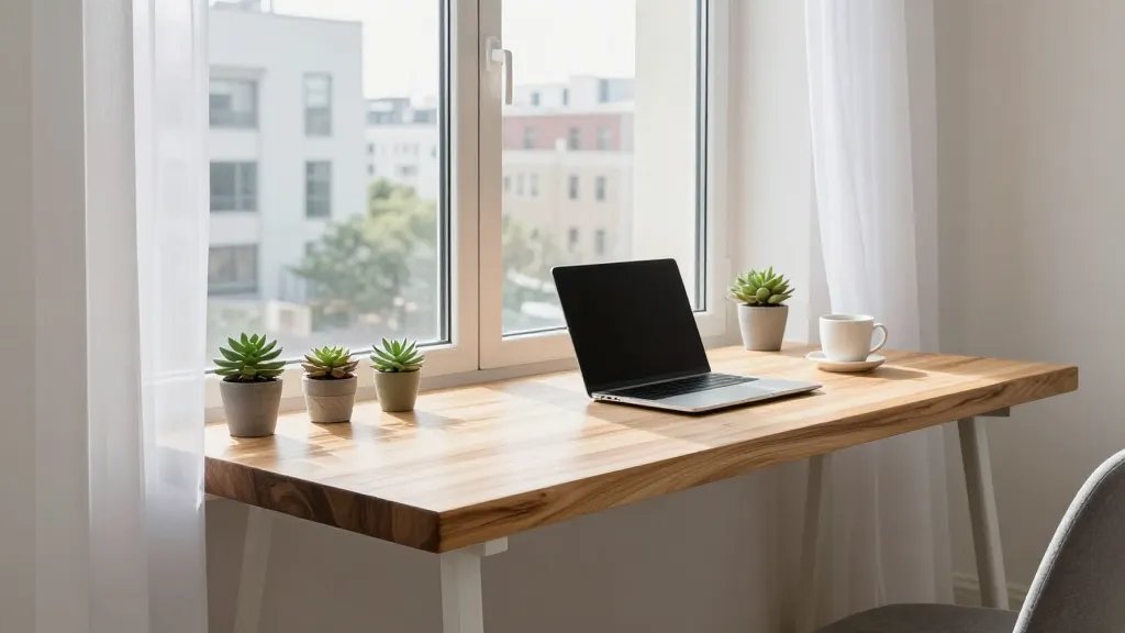 A bright, naturally-lit workspace featuring a custom wooden butcher block desk surface seamlessly extending from a wide window sill, photographed from a side angle showing the desk integration with the window frame. The desk surface spans across a large window with soft sunlight streaming in, small potted succulent plants arranged near the window edge, a modern laptop and coffee mug on the desk, sheer white curtains gently framing the sides, urban apartment view visible through the window glass, light oak or natural wood finish desk contrasting against white walls, minimal and airy Scandinavian-style setup, shallow depth of field emphasizing the window-desk connection, professional interior photography, realistic home office setting