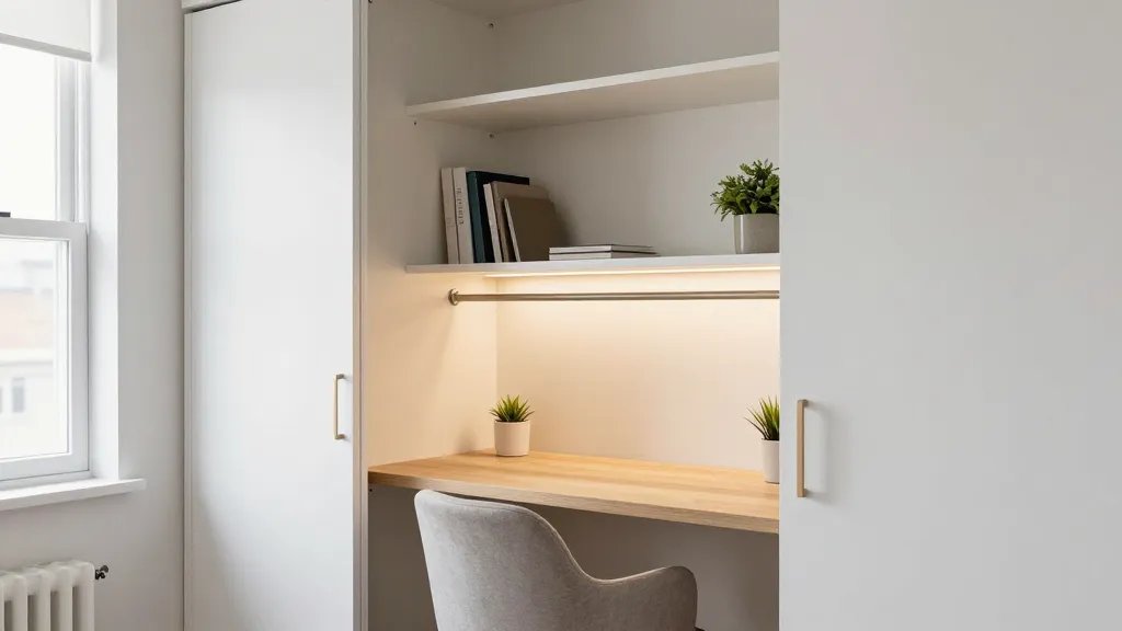 A bright, realistic photograph of a converted bedroom closet transformed into a compact home office workspace, featuring a light wood desk surface mounted where a clothing rod once was, floating white shelves above holding organized office supplies and small plants, a comfortable desk chair tucked underneath, warm LED strip lighting illuminating the cozy alcove, the closet doors removed to reveal the built-in workspace, soft morning light coming from a nearby window, minimalist decor in whites and natural wood tones, shot from a slight side angle showing the depth of the closet conversion, professional interior photography style with sharp focus and natural colors