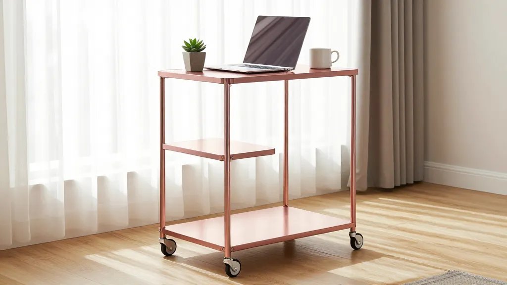 A bright, modern small apartment interior showing a sleek three-tiered rose gold rolling cart being used as a mobile desk, positioned near a sunlit window with sheer white curtains, featuring a laptop, small potted succulent, and coffee mug on top, wooden floors visible, the cart's wheels clearly visible, shot from a 45-degree side angle in natural morning light, contemporary minimalist style with soft shadows
