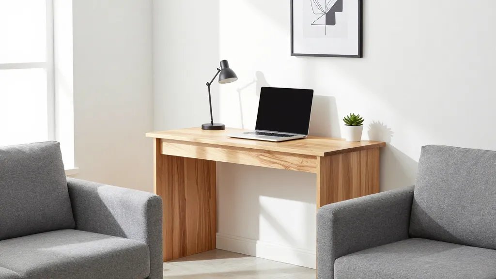 A bright, modern studio apartment interior showing a sleek wooden console table positioned directly behind a grey upholstered sofa, functioning as a compact workspace with a laptop, small desk lamp, and potted succulent on top, photographed from a side angle that captures both the living room seating area and the desk setup against a white wall with minimalist artwork, natural daylight streaming through nearby windows, creating a practical dual-purpose furniture arrangement in a space-efficient layout