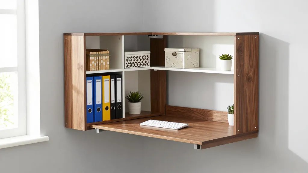 A modern fold-down Murphy desk in the open position mounted on a light gray wall, featuring built-in cubby storage compartments and shelving filled with organized office supplies, colorful file folders, and a wireless keyboard, shot from a three-quarter angle in a bright small apartment with natural window light, showcasing the warm walnut wood finish and white interior compartments with decorative storage boxes and a small potted succulent on one shelf, professional interior photography style with sharp focus and depth of field