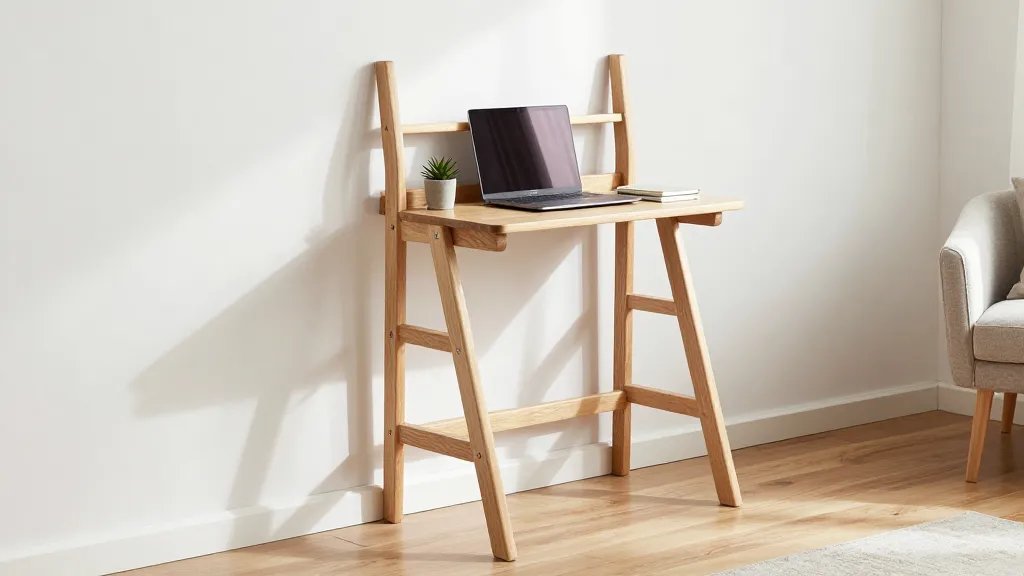 A modern ladder desk in light oak wood leaning at an angle against a white wall in a small apartment bedroom, featuring three ascending shelf tiers above a compact writing surface, styled with a sleek laptop, small potted succulent, and minimalist notebooks, photographed from a three-quarter side angle showing the A-frame structure and minimal floor footprint, with soft natural window light creating gentle shadows on hardwood flooring, and a cozy reading chair partially visible in the background
