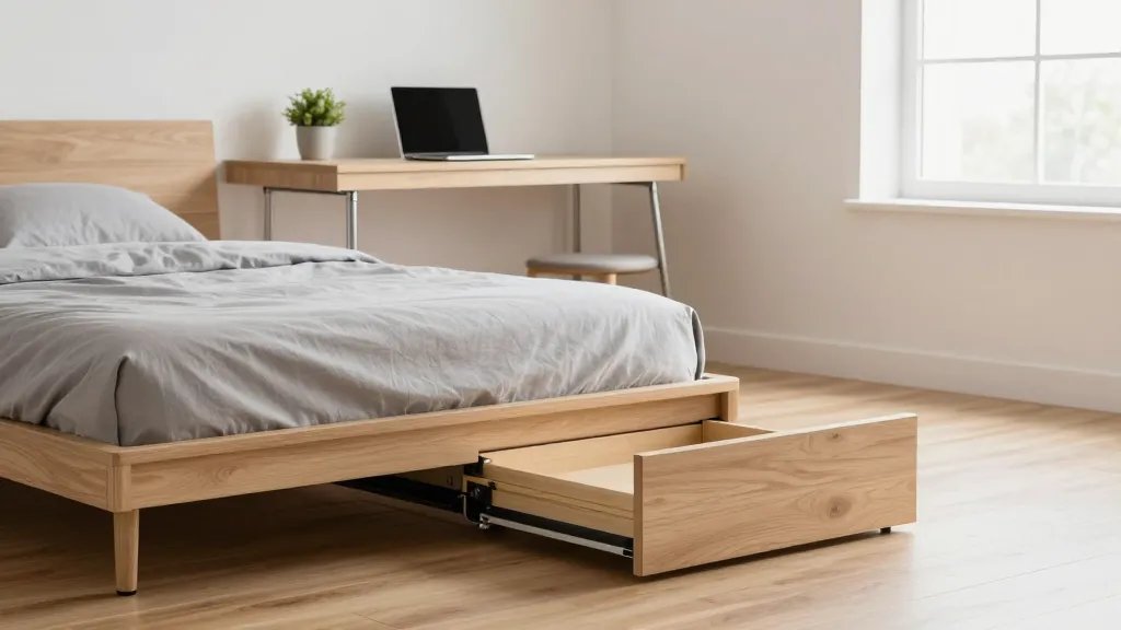 A modern minimalist bedroom photographed from a low side angle showing a sleek platform bed with a light wood pull-out desk drawer extended halfway from underneath, revealing a clean workspace surface with a laptop and small plant on top, the desk mounted on smooth metal rails, warm natural lighting from a nearby window, contemporary small apartment interior with white walls and light hardwood flooring, the bed dressed in soft grey linens, ultra-realistic photography, depth of field focus on the sliding mechanism