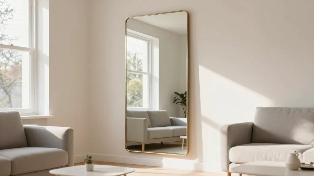 A bright modern small apartment living room photographed from a corner angle, showcasing a large rectangular mirror with a slim brass frame mounted on the wall directly opposite a sunlit window, the mirror reflecting the window's natural light and creating an illusion of expanded space, with the reflection showing trees outside and parts of the room, minimalist Scandinavian furniture including a light gray sofa and white coffee table, warm morning sunlight streaming in and bouncing off the mirror creating luminous depth, shot with shallow depth of field, professional interior photography style, cream and white color palette with natural wood accents