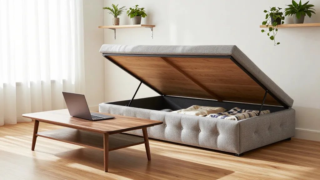 A modern, sun-lit studio apartment showcasing a stylish Murphy bed partially folded up against a white wall with built-in shelving, a contemporary lift-top coffee table in walnut finish with the top raised to reveal a laptop workspace, and a tufted storage ottoman in gray fabric with the lid open displaying neatly organized blankets inside, shot from a 45-degree angle with warm natural lighting streaming through sheer curtains, minimalist Scandinavian design aesthetic, hardwood flooring, potted green plants on floating shelves, creating an airy and organized living space