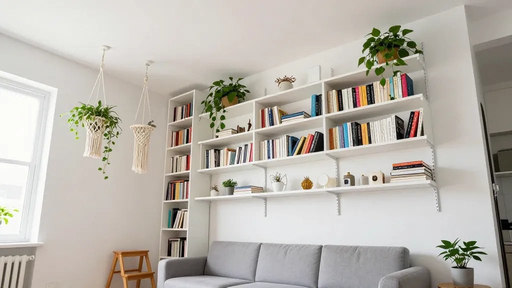 A bright, airy small apartment living room photographed from a low angle to emphasize ceiling height, featuring floor-to-ceiling white floating shelves on the main wall filled with books, plants, and decorative objects, with a sleek tall bookcase reaching upward in the corner, hanging macramé plant holders suspended from the ceiling, a compact modern sofa in soft gray below, and a small wooden step stool positioned nearby, natural light streaming through a window creating depth and showcasing the vertical storage solutions that maximize the compact space.