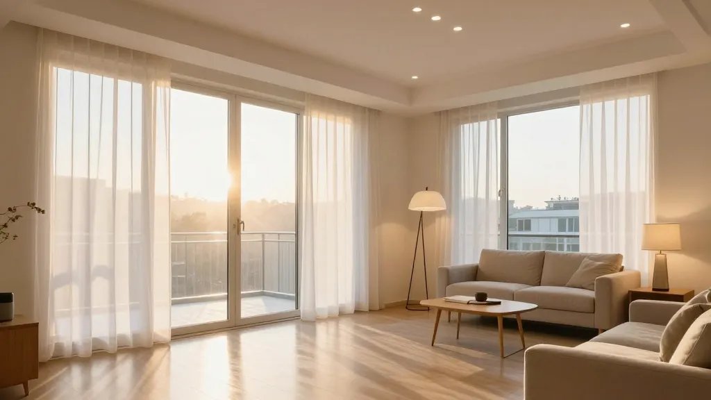 A bright, airy small apartment living room photographed during golden hour with sunlight streaming through large unobstructed windows with sheer white curtains, featuring a cozy reading nook with a modern floor lamp, table lamps on side tables, and recessed ceiling lights creating layered illumination, shot from a wide angle to showcase the spacious feeling created by abundant natural and artificial light sources, warm inviting atmosphere with light-colored furniture and reflective surfaces
