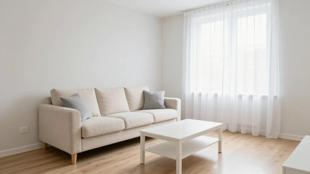 A bright, airy small apartment living room photographed from a corner angle, showcasing a cohesive light color palette of soft whites, warm creams, and pale gray tones throughout the space, with a plush cream-colored sofa, white sheer curtains allowing natural light to flood in, light gray throw pillows, a white coffee table, and pale wooden flooring, demonstrating how the monochromatic neutral scheme makes the compact room feel spacious and open, captured in natural daylight with a professional interior photography style that emphasizes the room's depth and brightness