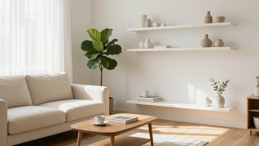 A bright, airy small apartment living room photographed from a corner angle, featuring a minimalist Scandinavian design with a cream-colored sofa, a single well-chosen potted fiddle leaf fig tree, a sleek wooden coffee table with only a coffee cup and one art book on it, open white floating shelves displaying just a few carefully curated ceramic pieces, warm natural sunlight streaming through sheer curtains, light oak flooring, soft beige and white color palette, ultra-organized and clutter-free surfaces, professional interior photography style, depth of field, emphasizing the sense of spaciousness and intentional design choices
