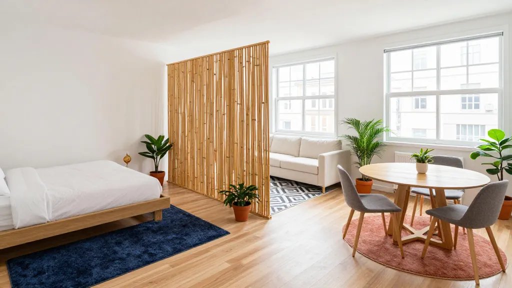 A bright, modern small studio apartment photographed from an elevated corner angle showing distinct living zones created without walls: a cozy bedroom area defined by a plush navy area rug with a low platform bed, a living space separated by a tall bamboo room divider screen with an ivory sectional sofa on a geometric patterned rug, and a compact dining nook distinguished by a round wooden table on a terracotta-colored rug, all bathed in natural light from large windows, with light oak flooring throughout and potted plants strategically placed between zones, shot in natural daylight with a wide-angle lens emphasizing the open, flowing layout and intentional furniture placement