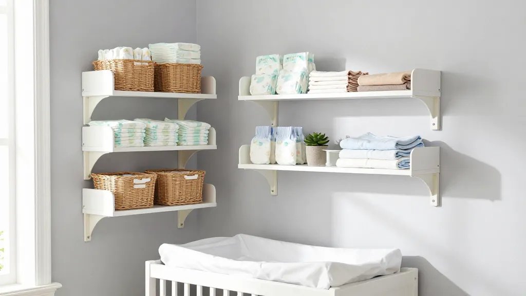 A bright, airy small nursery photographed from a corner angle showing white floating shelves mounted at staggered heights on a soft gray wall above a compact white changing table, shelves neatly organized with wicker baskets containing diapers, folded baby clothes, and small potted succulents, natural sunlight streaming in from the side creating gentle shadows, minimalist Scandinavian design aesthetic with light wood accents, demonstrating vertical storage solutions in a space-efficient nursery setup