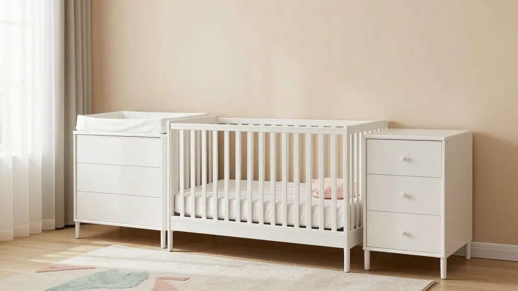 A modern small nursery featuring a sleek white convertible crib as the centerpiece that transforms from crib to toddler bed, with a combination changing table-dresser unit beside it, shot from a 45-degree angle in soft natural window light, Scandinavian minimalist design with warm beige walls, space-saving furniture arranged efficiently, a plush area rug underneath, subtle pastel accents in sage green and blush pink, professional interior photography style, shallow depth of field highlighting the multifunctional furniture pieces