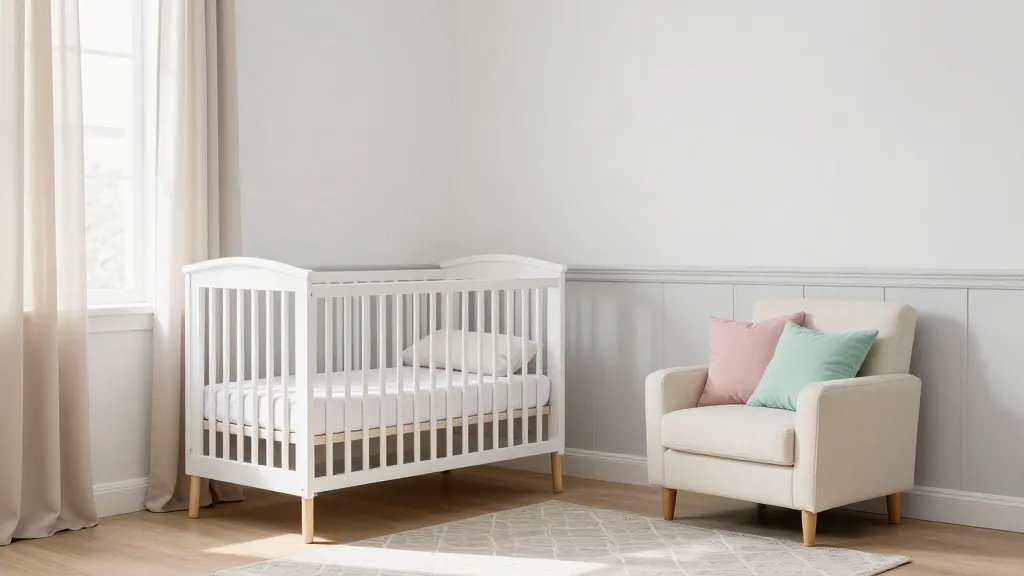 A bright, airy small nursery photographed from a corner angle showing soft white walls with pale gray wainscoting, a white crib with natural wood legs against the wall, gentle beige curtains filtering natural sunlight through a window, and pastel accent pillows in blush pink and mint green on a small cream-colored glider chair, with light wooden flooring and a subtle geometric patterned area rug in muted tones, demonstrating how light neutral colors create spaciousness in a compact room