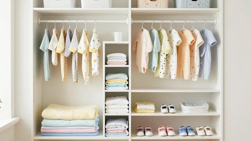 A bright, well-organized nursery closet photographed from a straight-on angle showing a white customizable closet organization system with two stacked hanging rods filled with tiny colorful baby clothes, multiple shelf cubbies containing neatly folded onesies and blankets in pastel colors, small storage bins on upper shelves, and baby shoes arranged on lower shelves, all within a compact closet space with soft natural lighting illuminating the efficient use of vertical space