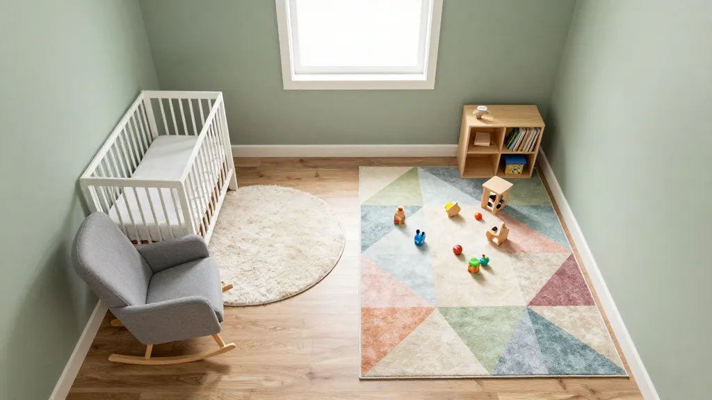 A bird's eye view photograph of a small, modern nursery showcasing distinct functional zones defined by different area rugs, featuring a white crib with a plush cream-colored round rug underneath in one corner paired with a grey upholstered rocking chair, while across the room a colorful geometric patterned rectangular rug in soft pastels marks the play area with wooden toys and a small bookshelf, natural light streaming through a window, soft sage green walls, warm wood flooring visible between the rugs, creating clear visual separation of sleeping and play spaces without any physical walls or dividers