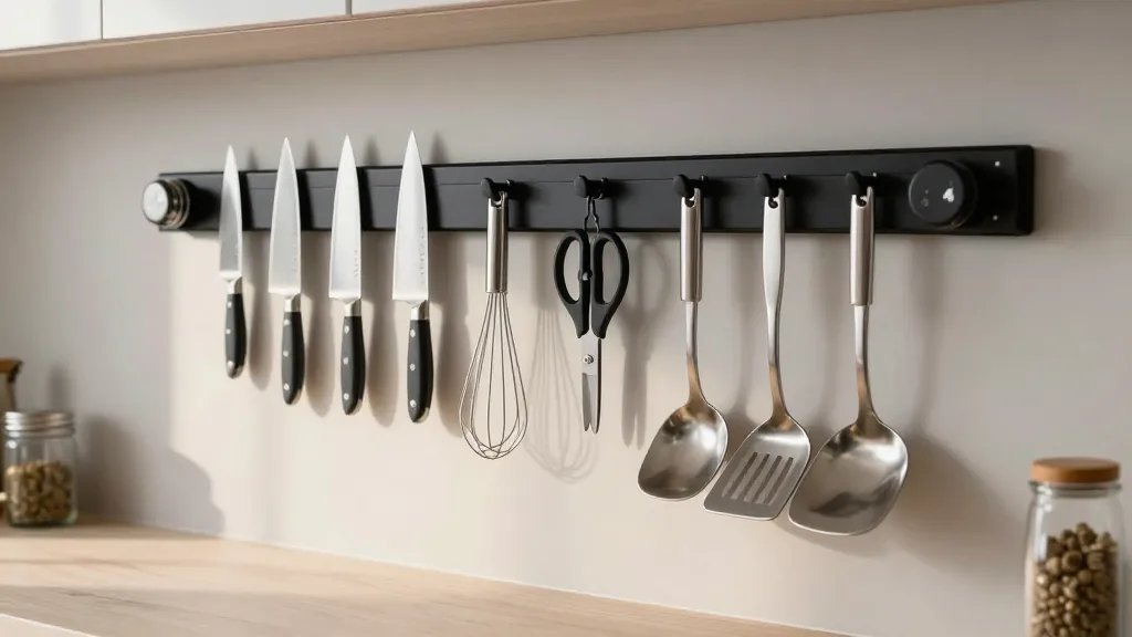 A modern kitchen wall featuring a sleek black magnetic strip mounted horizontally, displaying an organized collection of various kitchen items including chef's knives, a metal whisk, kitchen scissors, stainless steel spatulas, and small metal spice tins all suspended magnetically against a light gray or white wall, shot from a slightly angled perspective with warm natural lighting from the side, shallow depth of field focusing on the magnetic strip with a blurred marble or light wood countertop visible below, professional food photography style, clean and minimalist aesthetic