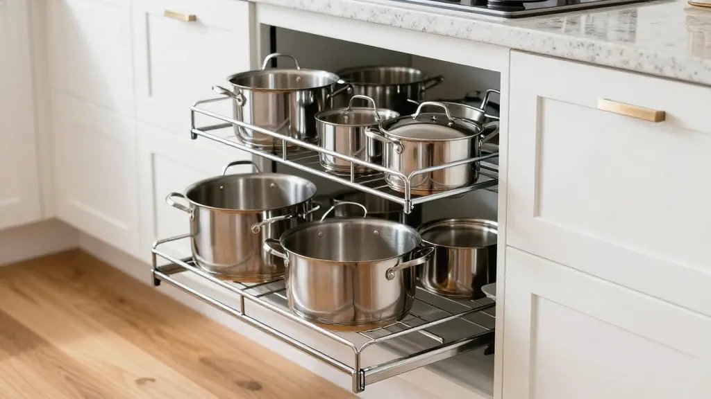 A modern kitchen base cabinet with a chrome pull-out organizer fully extended, showcasing multiple gleaming stainless steel pots and pans neatly arranged on two sliding tiers, photographed from a 45-degree angle with bright natural lighting, contemporary white shaker-style cabinet doors visible on the sides, warm hardwood flooring below, shallow depth of field focusing on the organized cookware with a blurred granite countertop in the background