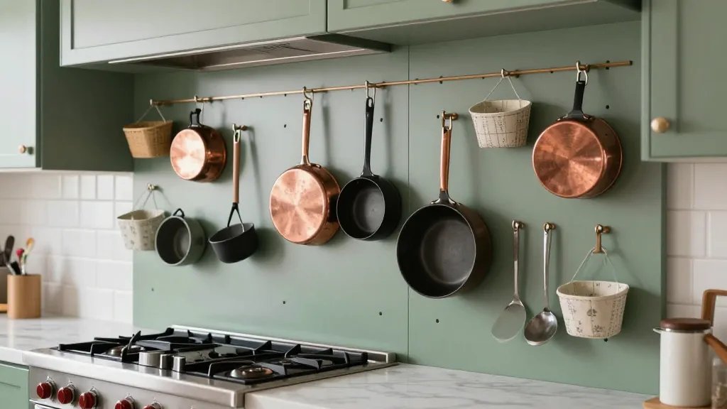 A modern kitchen interior photograph showing a stylish pegboard wall mounted next to a stainless steel stove, painted in sage green to match the contemporary kitchen aesthetic, with various copper and black pots, pans, cooking utensils, and small hanging baskets arranged on adjustable hooks and pegs, shot from a 45-degree angle with natural lighting highlighting the organized vertical storage solution, marble countertop visible below, white subway tile backsplash partially visible, shallow depth of field creating a magazine-worthy culinary workspace
