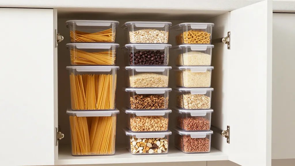 A bright, well-lit kitchen cabinet interior photographed from a straight-on angle, showcasing multiple transparent stackable storage containers filled with colorful dry goods like pasta, rice, oats, and cereals arranged vertically in neat towers, utilizing the full height of white cabinet shelves from bottom to top, with warm natural lighting highlighting the organized layers and various food textures visible through the clear plastic containers, shot in a modern minimalist kitchen style with clean white cabinetry