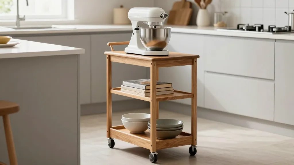 A bright modern kitchen photographed from a three-quarter angle showing a wooden rolling kitchen cart with three tiers positioned next to a white countertop, the cart has visible black wheels and holds a stand mixer on top, cookbooks on the middle shelf, and nesting bowls on the bottom shelf, warm natural lighting from a nearby window, contemporary minimalist kitchen with light gray cabinets in the background, the cart's mobility emphasized by its placement slightly away from the wall as if recently rolled into position, shallow depth of field focusing on the versatile cart while keeping the compact kitchen softly blurred