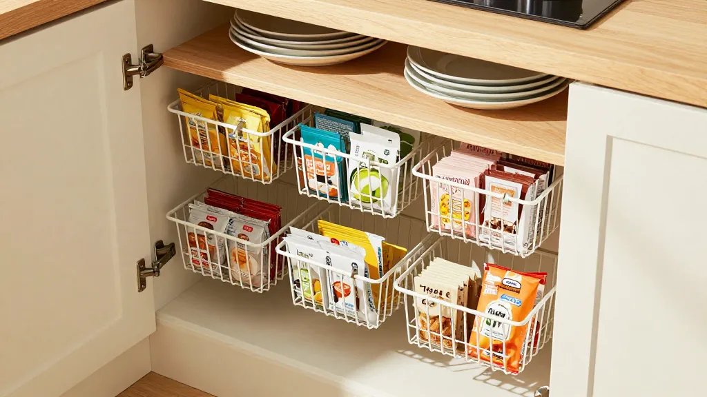 A high-quality overhead photograph of an organized kitchen cabinet interior showing white wire under-shelf baskets clipped beneath wooden shelves, filled with small food items like spice packets and snack bars, warm natural lighting streaming from the side, showing the contrast between the main shelf above holding dinner plates and the newly created storage space below, shot at a 45-degree angle with shallow depth of field, modern bright kitchen aesthetic with cream-colored cabinet interiors
