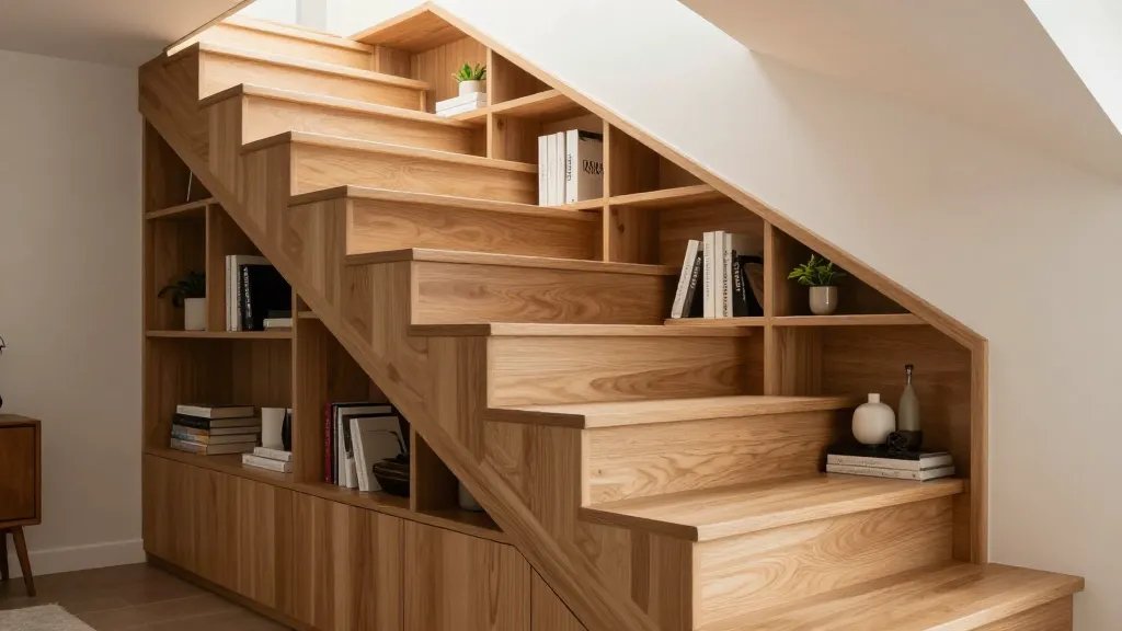 A modern interior photograph of an elegant wooden staircase leading to an attic, with each step ingeniously incorporating pull-out storage drawers and open cubby shelving built into the risers, showcasing decorative books, small plants, and tasteful home decor items displayed on the integrated shelving units, shot from a diagonal side angle in a contemporary home with natural light streaming from above, warm honey-toned wood finish, minimalist Scandinavian design aesthetic, professional architectural photography with shallow depth of field