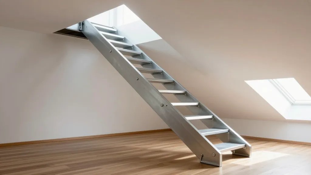 A modern telescoping attic staircase in mid-extension, showing sleek aluminum construction with industrial metal joints and accordion-like segments partially compressed, mounted to a white ceiling in a contemporary loft space with natural light streaming in from the side, captured from a low angle perspective highlighting the innovative engineering and metallic silver finish against warm wood flooring below