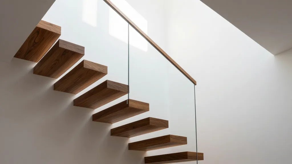 A dramatic low-angle photograph of modern cantilevered attic stairs with dark walnut wood treads appearing to float from a white wall, featuring a sleek glass railing and warm LED strip lighting glowing underneath each step, shot in a contemporary home interior with natural daylight streaming from above, emphasizing the floating illusion and absence of visible support structure beneath the steps, architectural photography style with sharp focus on the engineering detail and sophisticated minimalist aesthetic