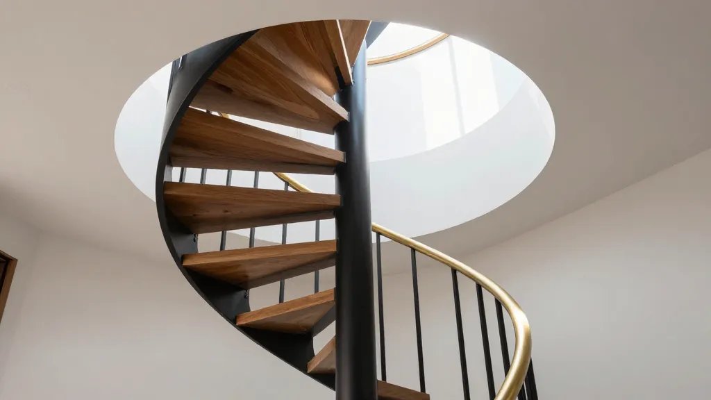 A stunning modern spiral staircase in matte black metal with warm oak wooden treads leading up to an attic space, photographed from a low angle looking upward showing the elegant curved geometry, natural light streaming down from above highlighting the minimalist design, brass handrail detail catching the light, white walls surrounding the compact 5-foot diameter footprint, contemporary residential interior with clean Scandinavian aesthetic, architectural photography, professional real estate style, sharp focus, high resolution