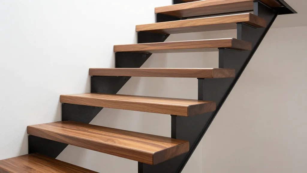A high-angle photograph of modern alternating tread stairs leading to an attic, featuring walnut wood half-steps that alternate left and right in a steep configuration, industrial black metal frame supports, warm natural lighting highlighting the rich wood grain, contemporary minimalist interior design, shot from below showing the unique zigzag pattern of the treads against white walls, shallow depth of field emphasizing the geometric precision of the alternating step design