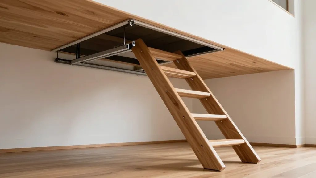 A high-quality architectural interior photograph taken from a low side angle showing a sleek pull-out ladder system extending from beneath a modern wooden staircase, with the metal track mechanism visible and the telescoping ladder partially deployed into an open attic hatch above, captured in a contemporary home with warm natural lighting, white walls, and hardwood flooring, emphasizing the clever space-saving design and hidden storage concept with shallow depth of field
