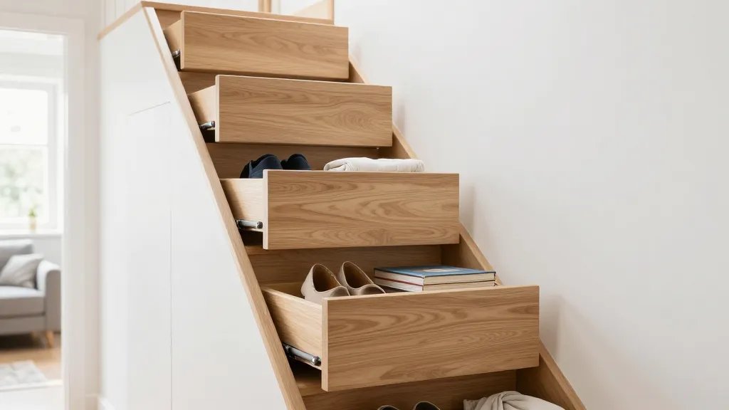 A bright, modern tiny home interior showcasing a wooden staircase with multiple pull-out storage drawers integrated into the steps, photographed from a side angle revealing at least three open drawers containing neatly organized shoes, folded linens, and books, with warm natural lighting streaming through a nearby window, highlighting the light oak or maple wood grain of the custom-built stair drawers, minimalist Scandinavian design aesthetic, shallow depth of field focusing on the middle drawer system, with clean white walls and a glimpse of the living space in the soft-focused background