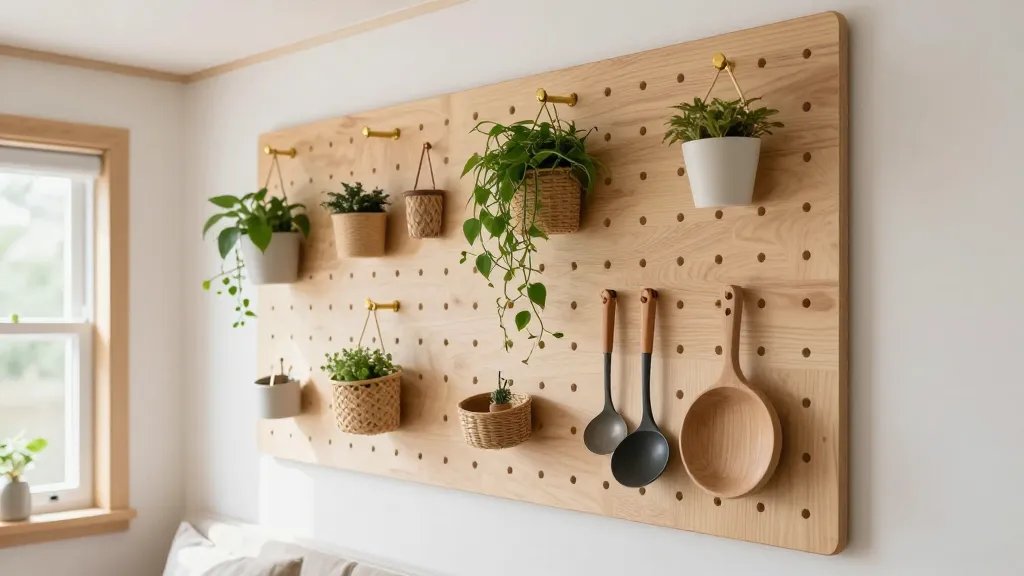 A bright modern tiny home interior featuring a large wooden pegboard wall system in a living area, mounted with various brass and copper hooks holding hanging plants, small baskets, kitchen utensils, and decorative items, shot from a 45-degree angle showing the versatile organization system, natural daylight streaming through a nearby window, Scandinavian minimalist aesthetic with white walls and light wood accents, shallow depth of field focusing on the mid-section of the pegboard, professional interior photography style