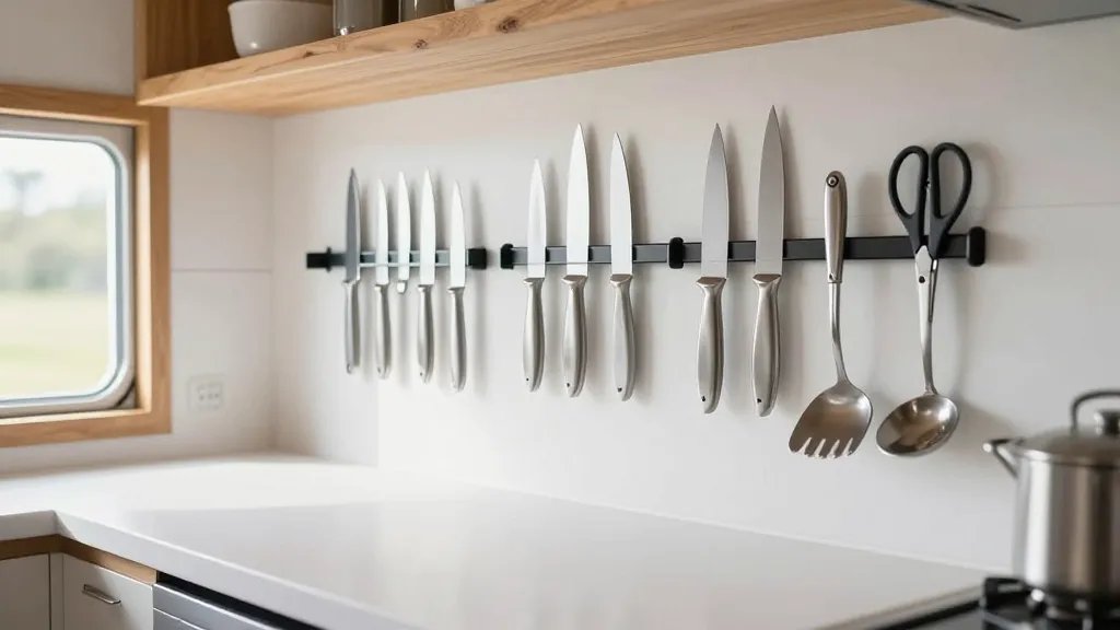 A bright modern tiny home kitchen interior showing multiple magnetic knife strips mounted on a white wall, holding various stainless steel kitchen knives, scissors, and metal utensils in an organized vertical arrangement, with a clean minimalist countertop below completely clear of clutter, natural window light streaming in from the left, warm wood accents, shot from a slightly angled perspective at counter height, professional interior photography style, shallow depth of field