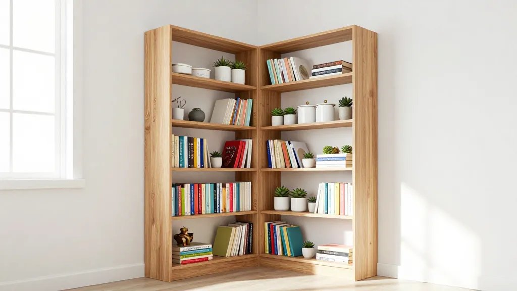 A bright, modern tiny home interior showcasing an elegant floor-to-ceiling corner shelving unit in natural wood finish, positioned in a previously unused corner space, filled with neatly organized colorful books, small potted succulents, white ceramic kitchen containers, and decorative items, photographed from a low angle to emphasize the vertical storage solution, with soft natural lighting streaming through a nearby window casting gentle shadows, minimalist Scandinavian design aesthetic with white walls, demonstrating the dramatic before-and-after contrast of transformed dead space into functional storage