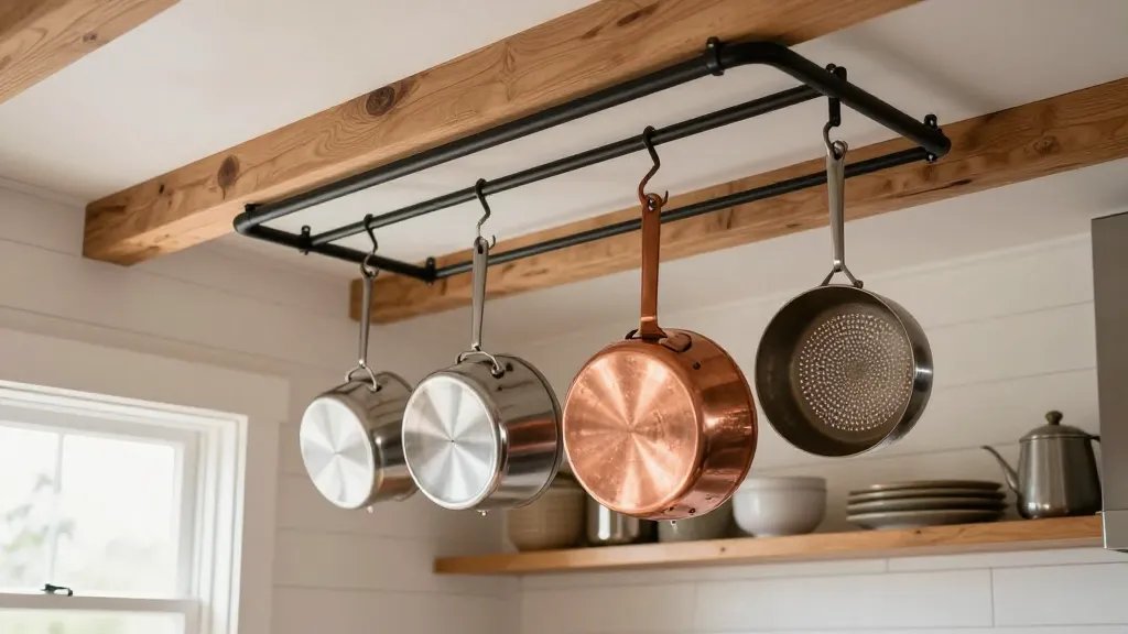 A warm, inviting tiny home kitchen photographed from a low angle looking upward, showcasing an elegant ceiling-mounted pot rack made of brushed copper or matte black metal suspended from exposed wooden beams, with various stainless steel pots, copper pans, and a vintage colander hanging from S-hooks, natural light streaming through a nearby window illuminating the cookware, white shiplap walls, open shelving visible in the background, cozy minimalist Scandinavian design aesthetic, shallow depth of field with the hanging pots in sharp focus, professional interior photography, high resolution, realistic home decor style