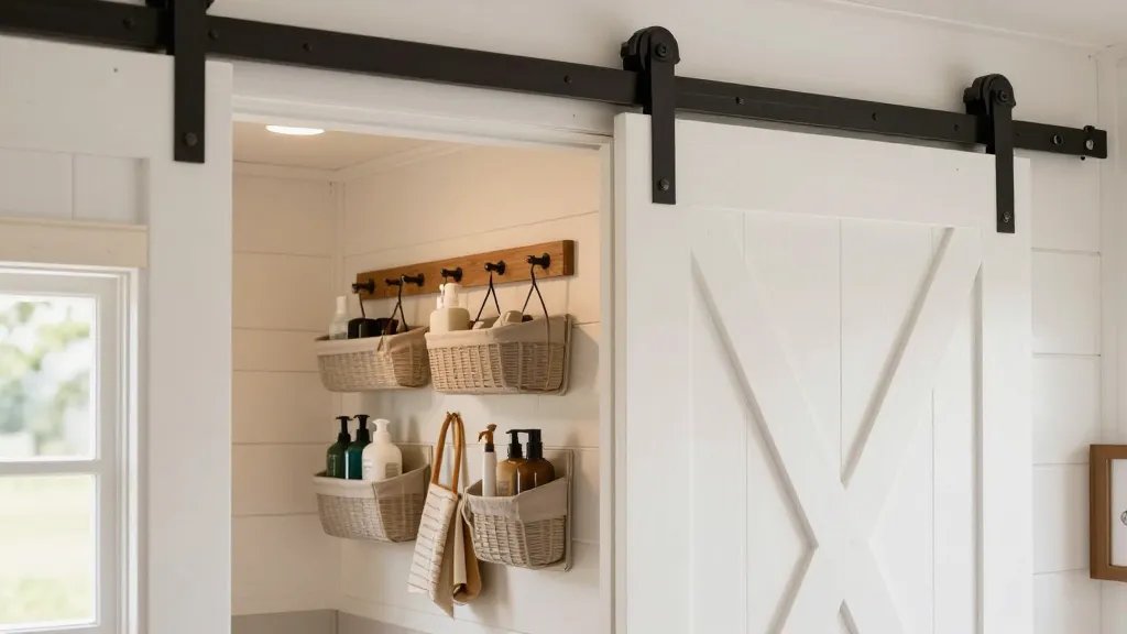 A close-up interior shot of a rustic white sliding barn door partially open in a modern tiny home, revealing the back of the door fitted with organized storage solutions including hanging shoe organizers filled with bathroom toiletries, small mounted baskets, and decorative hooks with items hanging from them, photographed from a side angle showing both the door's track hardware and the clever built-in organization system, warm natural lighting streaming through a nearby window, shallow depth of field focusing on the storage details, contemporary minimalist aesthetic with wood and metal accents