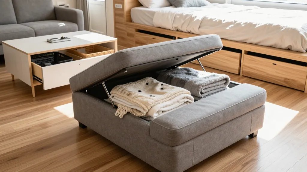 A bright, modern tiny home interior photographed from a low angle showing a stylish upholstered ottoman with its lid lifted open, revealing neatly organized blankets and linens inside, with a contemporary coffee table featuring open drawers displaying storage baskets in the background, and a partial view of a platform bed with pull-out drawers underneath, all in a cohesive color scheme of warm grays and natural wood tones, captured in natural daylight streaming through a nearby window