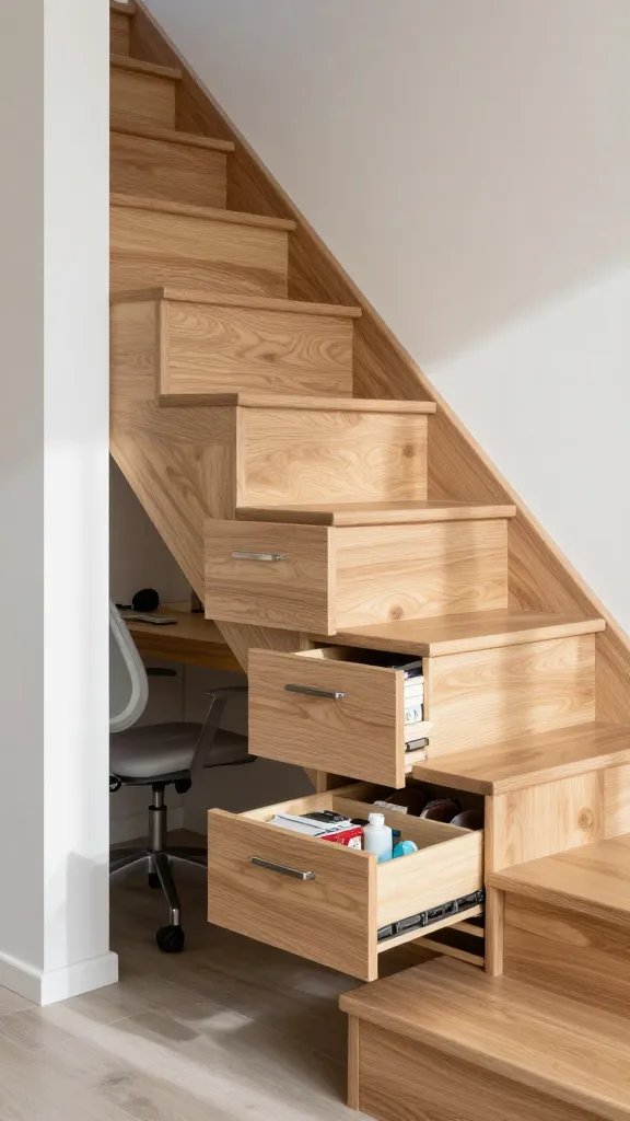 A modern home interior photograph showing a sleek wooden staircase with built-in pull-out drawers integrated into the stair risers, captured from a side angle in natural daylight. The drawers are partially opened to reveal organized storage compartments containing neatly arranged items like books, shoes, and household supplies. The staircase features light oak wood with brushed metal drawer handles, and beneath the stairs is a cozy workspace nook with a floating desk and ergonomic chair. The scene has a Scandinavian aesthetic with white walls, minimal decor, and soft shadows creating depth, photographed in sharp focus with a shallow depth of field emphasizing the innovative storage solution.