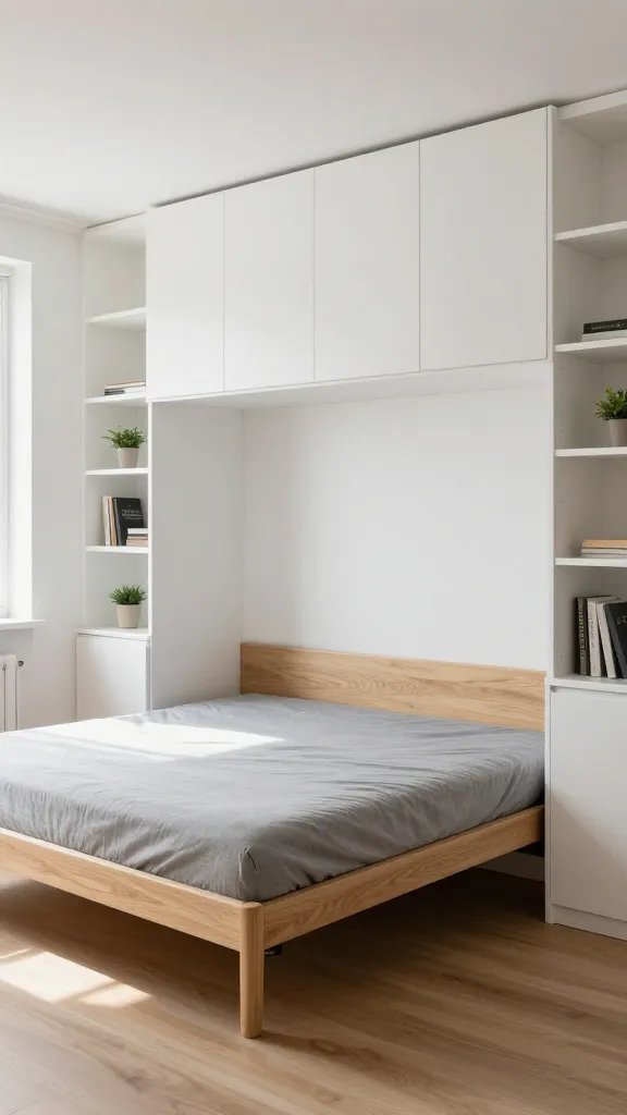 A modern, elegant Murphy bed partially lowered from a white wall in a contemporary small apartment, featuring a sleek wooden frame with integrated white shelving units on both sides, warm natural lighting streaming through a nearby window, minimalist Scandinavian design aesthetic with a plush grey upholstered mattress, the bed mechanism mid-transformation showing how it converts from wall storage to sleeping space, light oak wood tones contrasting against crisp white cabinetry, a small potted plant and books visible on the adjacent shelves, shot from a three-quarter angle showing depth and functionality of the space-saving design