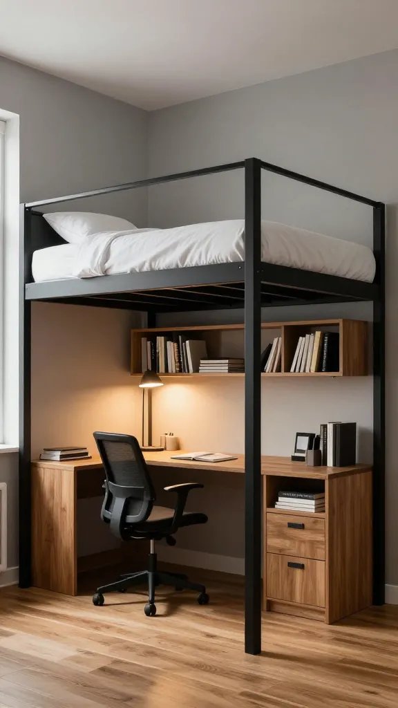 A sophisticated modern loft bed in a stylish small apartment, featuring a sturdy matte black metal frame elevated high with a neatly made bed on top with white linens, underneath is a well-organized workspace with a wooden desk, ergonomic office chair, and minimalist shelving filled with books, warm ambient lighting from a floor lamp illuminates the cozy reading nook area, hardwood flooring, neutral gray walls, shot from a three-quarter angle showing both levels of the space, professional interior photography, bright natural light from nearby window, adult contemporary design aesthetic, photorealistic, high-end architectural photography